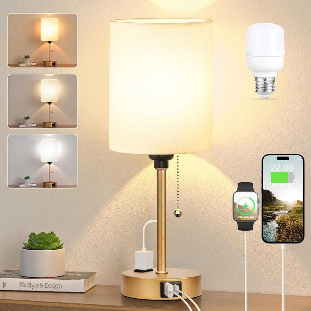 Dicoool Small Bedside Lamps 3 Color Modes - 2700K 3500K 5000K Bedroom Lamps with USB C and A Ports, Pull Chain Gold Table Lamps with AC Outlet, Nightstand Lamps with Gold Metal...