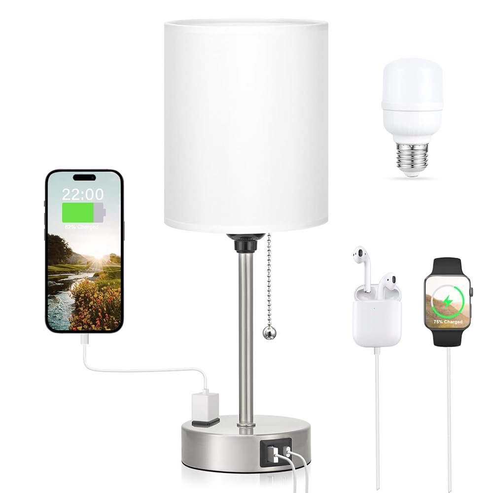 Dicoool White Bedside Lamp for Bedroom - 3 Color Temperatures Desk Lamp with USB C and A Ports, Pull Chain Table Lamp with AC Outlet, Nightstand Lamp with Silver Metal Base for...