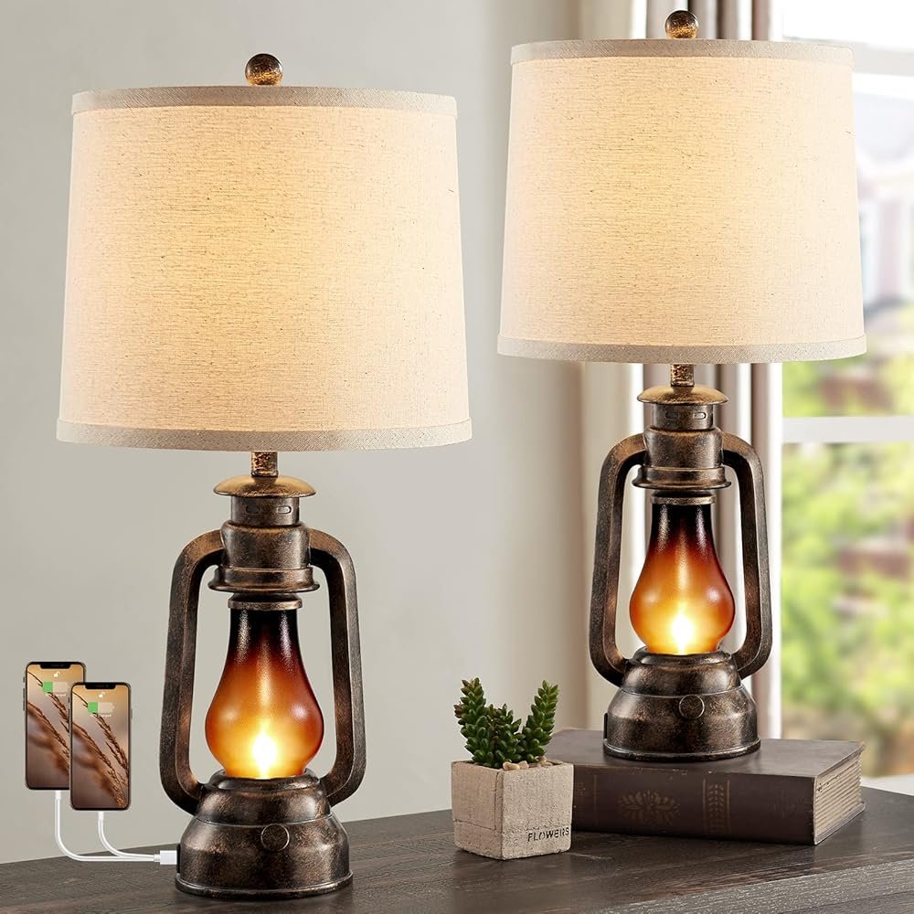 Farmhouse Rustic Table Lamps for Bedroom Set of 2, Vintage Lantern Lamp with Dual USB Charging Ports,25" Retro Antique Bedside Nightstand Desk Lamp for Living Room End Table...