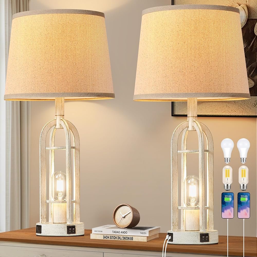 Farmhouse Table Lamps for Living Room Set of 2 - Rustic Industrial Bedside Lamps for Bedroom Nightstand with Nightlight and USB A+C, 4 Bulbs Included