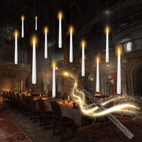 Flameless Floating Candles with Wand，12 Pcs Magic LED Hanging Taper Candles，Flickering Battery Operated Taper Candle with Wand Remote for Halloween Decorations Best Gift（White）