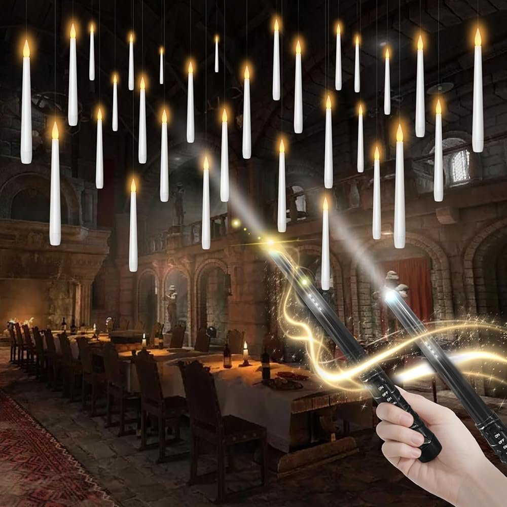 Flameless Floating Candles with Wand,30 Pcs Magic LED Hanging Taper Candles,Flickering Battery Operated Taper Candle with Wand Remote for Halloween Decorations Best Gift(White)