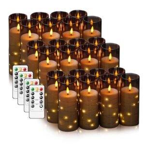 Flameless LED Candles with Timer 24 Pc Flickering Flameless Candles for Romantic Ambiance and Home Decoration Stable Acrylic Shell,with Embedded Star String，Battery Operated...