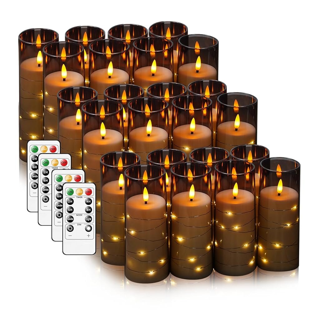 Flameless LED Candles with Timer 24 Pc Flickering Flameless Candles for Romantic Ambiance and Home Decoration Stable Acrylic Shell,with Embedded Star String,Battery Operated...