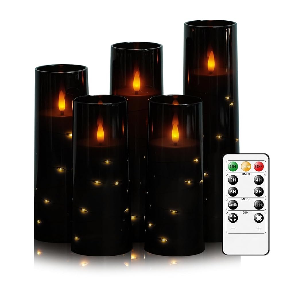 Flameless LED Candles with Timer 5 Pc Flickering Flameless Candles for Romantic Ambiance and Home Decoration Stable Acrylic Shell,with Embedded Star String,Battery Operated...