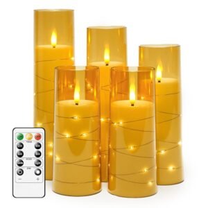 Flameless LED Candles with Timer 5 Pc Flickering Flameless Candles for Romantic Ambiance and Home Decoration Stable Acrylic Shell,with Embedded Star String，Battery Operated...