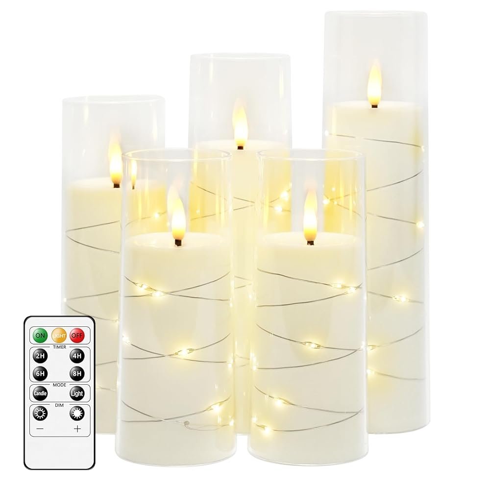 Flameless LED Candles with Timer 5 Pc Flickering Flameless Candles for Romantic Ambiance and Home Decoration Stable Acrylic Shell,with Embedded Star String,Battery Operated...