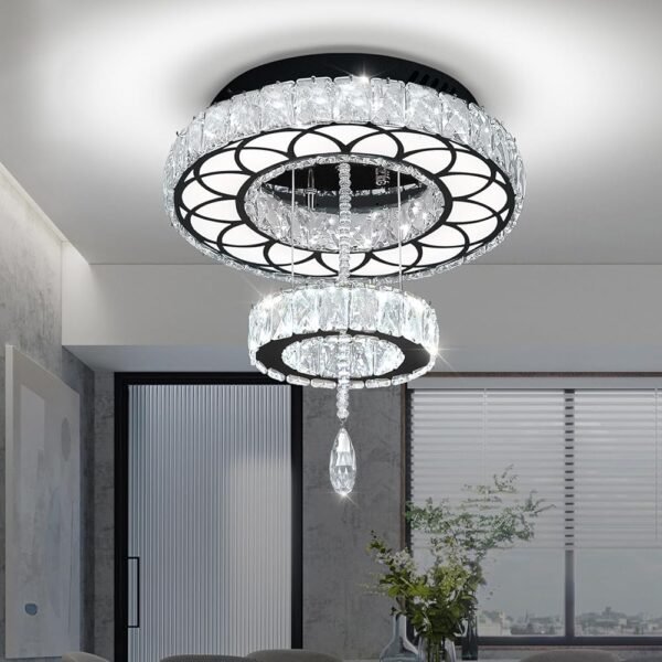 Flashing God Dia 12" Crystal Mini Chandelier Crystal Black Ceiling Light Fixtures LED Flush Mount Ceiling Light for Living Room Bedrooms Dining Room Dimmable 2700k 4500k 6000k