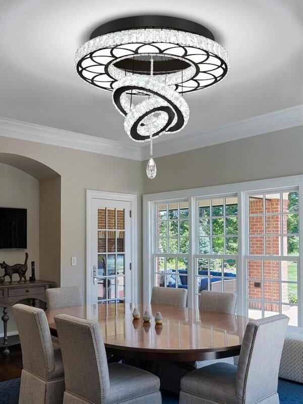 Flashing God Dia 24" Crystal Chandelier Crystal Black Ceiling Light Fixtures LED Flush Mount Ceiling Light for Living Room Bedrooms Dining Room Dimmable 2700k 4500k 6000k