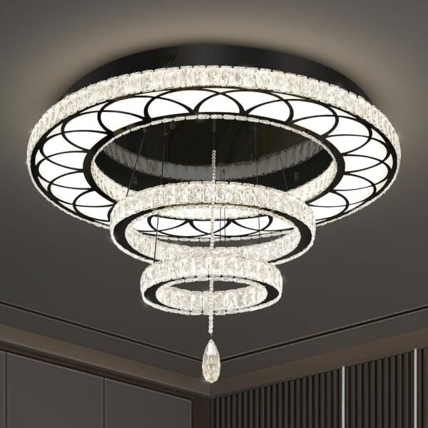 Flashing God Dia 32" Modern Crystal Chandelier Crystal Black Ceiling Light Fixtures LED Flush Mount Ceiling Light for Living Room Bedrooms Dining Room Dimmable 2700k 4500k 6000k