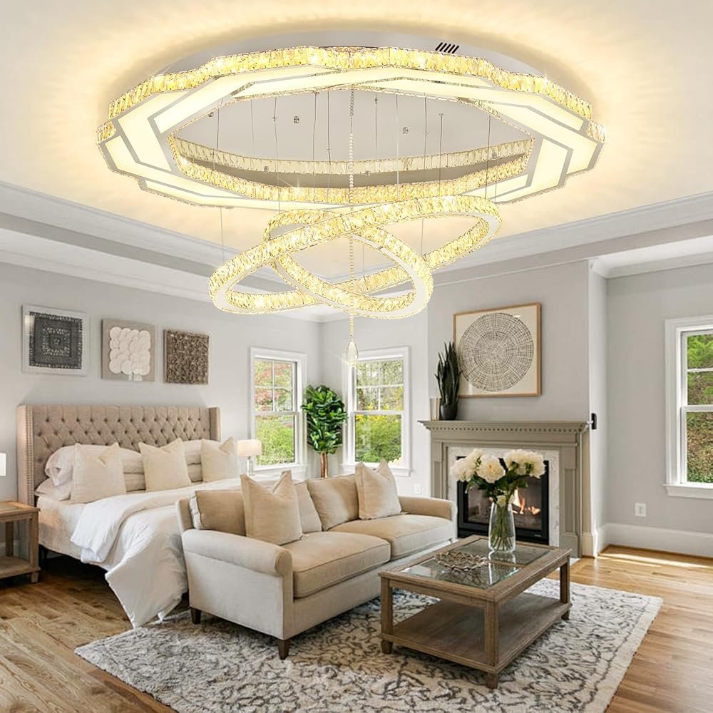 Flashing God Extra Large Chandelier Dia 55" Chrome Chandeliers Flush Mount Chandelier for Living Room Bedroom Dining Room Hallway Dimmable 3 Rings Chandeliers