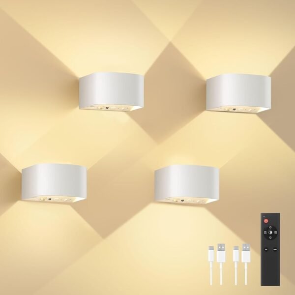 FULEN 4 Pack Motion Sensor Wall Lamp with Remote Control 3 Colors Wireless Wall Light LED Indoor Up and Down Wall Sconce 5000mAh Rechargeable Battery Powered Wall Lamps...