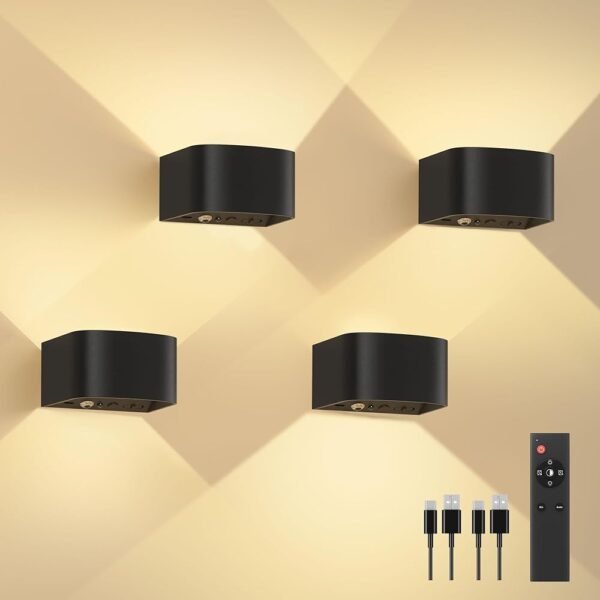 FULEN 4 Pack Motion Sensor Wall Lamp with Remote Control 3 Colors Wireless Wall Light LED Indoor Up and Down Wall Sconce 5000mAh Rechargeable Battery Powered Wall Lamps...