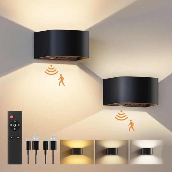 FULEN Motion Sensor Wall Light with Remote Control 3 Colors Wireless Wall Lamp LED Indoor Up and Down Wall Sconce 5000mAh Rechargeable Battery Powered Wall Lamps Brightness...