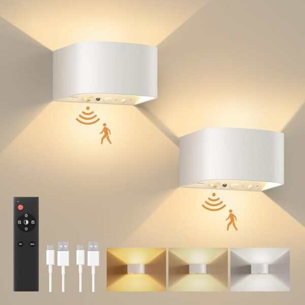 FULEN Motion Sensor Wall Light with Remote Control 3 Colors Wireless Wall Sconces LED Indoor Up and Down Wall Lamp 5000mAh Rechargeable Battery Powered Wall Lamps Brightness...