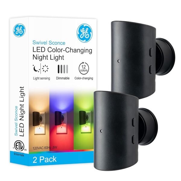 GE Directional Swivel Sconce Night Light, Plug-in, Color-Changing & Dimmable, Warm White, Dusk-to-Dawn Sensor, Adjustable for Hallway, Bedroom, Stairway – 2 Pack 83591