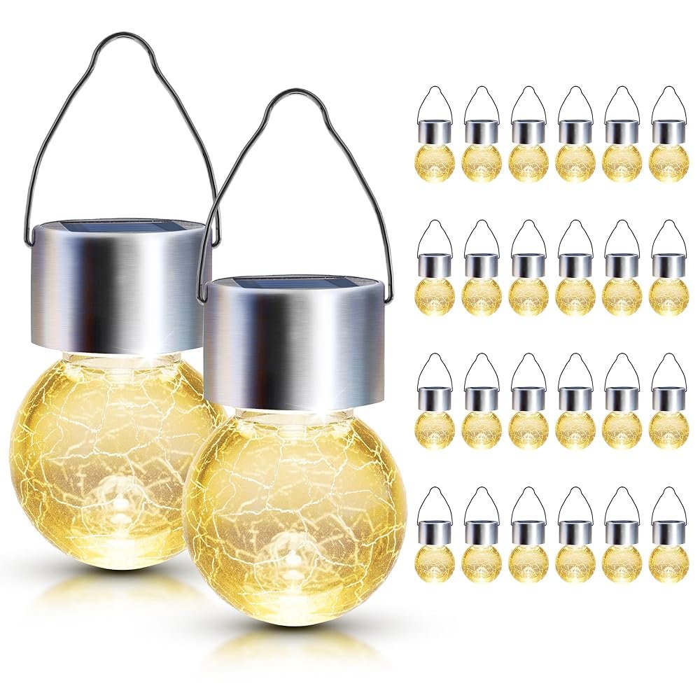GIGALUMI 24 Pack Solar Outdoor Lights, Solar Hanging Lights for Christmas Decoration-Cracked Glass Solar Lights Outdoor Waterproof for Garden, Yard, Fence, Tree(Warm White)