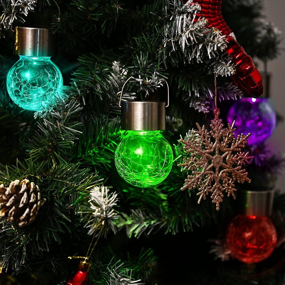 GIGALUMI 8 Pack Solar Hanging Lights, Christmas Decoration Lights with Multi-Color Changing Cracked Glass Hanging Ball Solar Outdoor Lights Waterproof Solar Lanterns for Garden,...