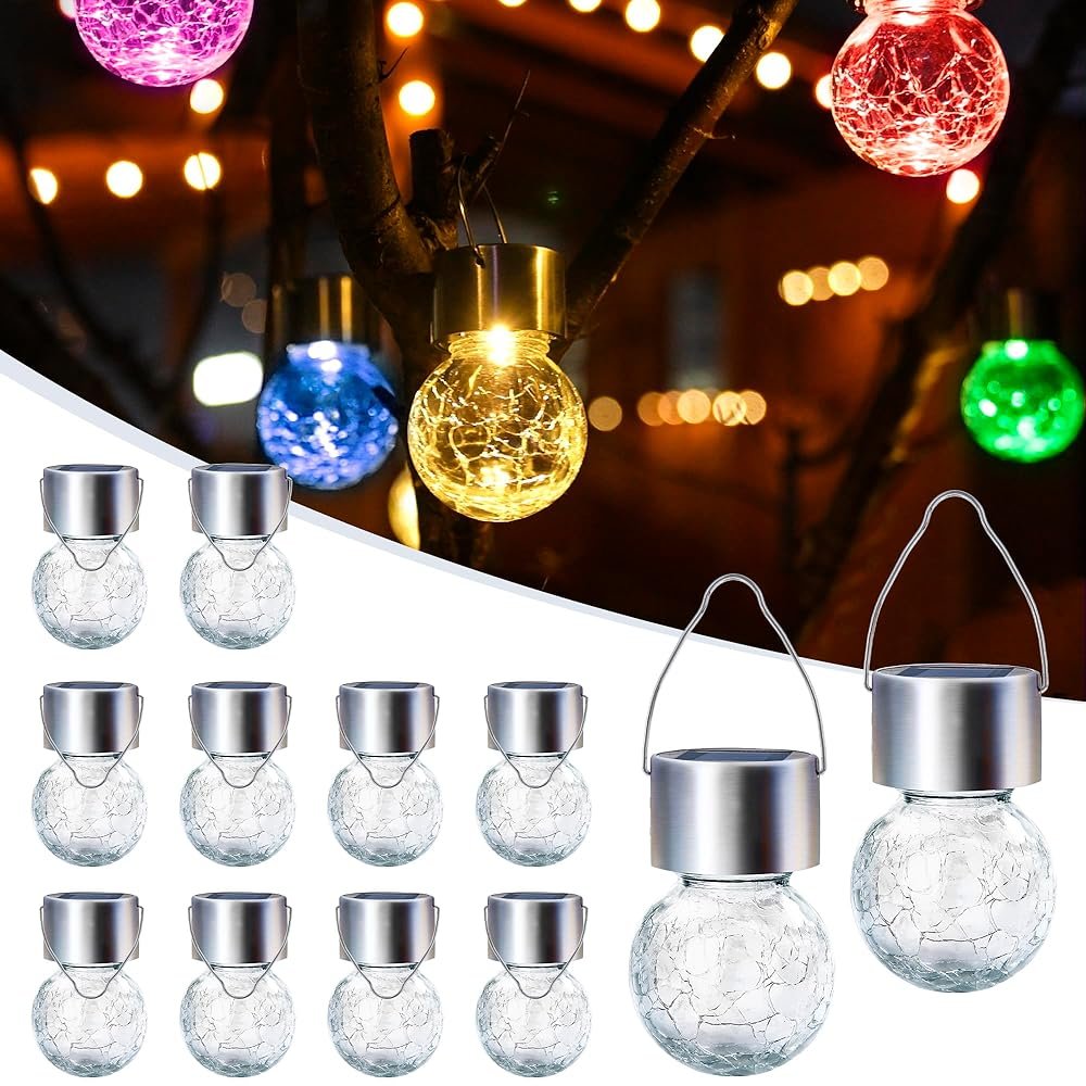 GIGALUMI Solar Lights Outdoor Waterproof ,12 Pack Solar Hanging Lights Garden Decor,Gifts for Women Mom Grandma,Solar Outdoor Lights Lantern Cracked Glass for Yard, Fence,...