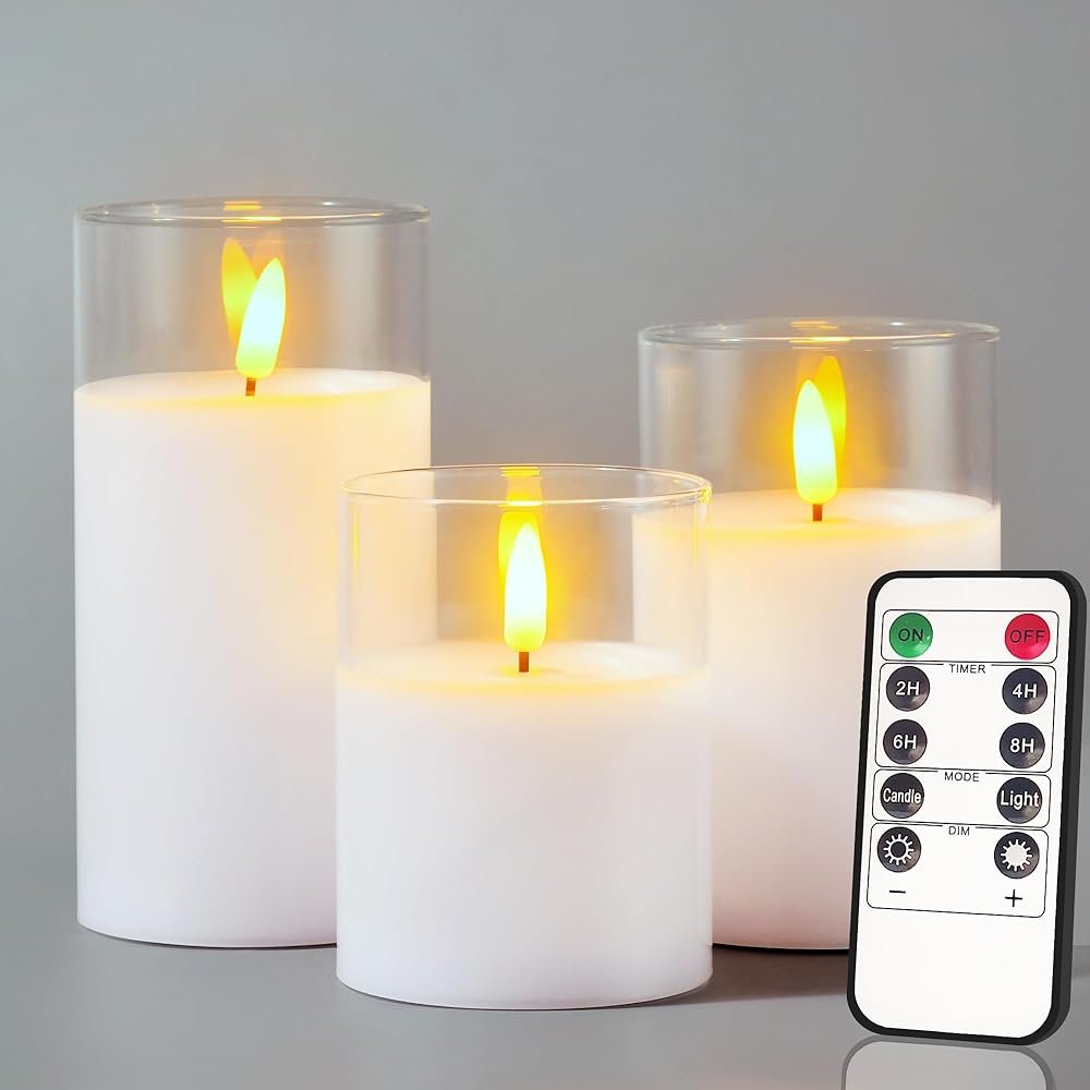 Glass Battery Operated LED Flameless Candles with Remote and Timer, Real Wax Candles Warm Color Flickering Light for Festival Wedding Home Party Decor(Pack of 3)-White