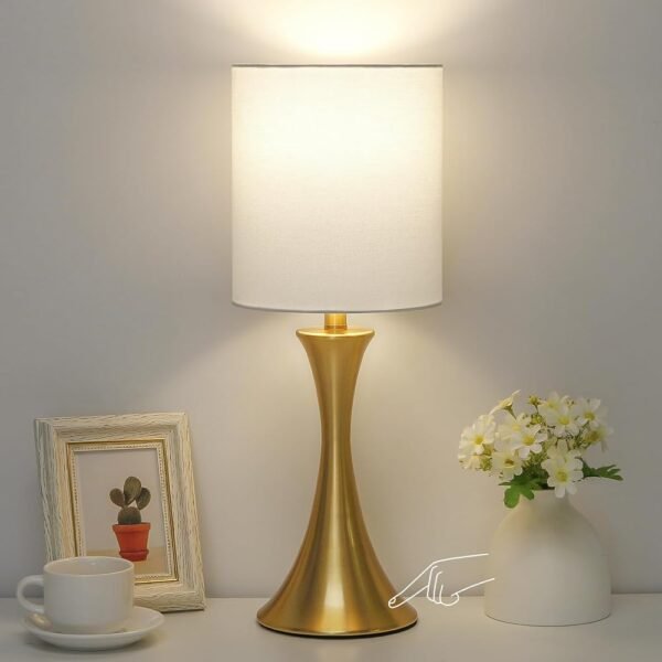 Gold Bedside Lamp Touch Control Table Lamp for Bedroom, 3-Way Dimmable Nightstand Lamp with White Shade, Modern Table Lamp for Living Room, Minimalist Desk Lamp for Dorm, Home,...