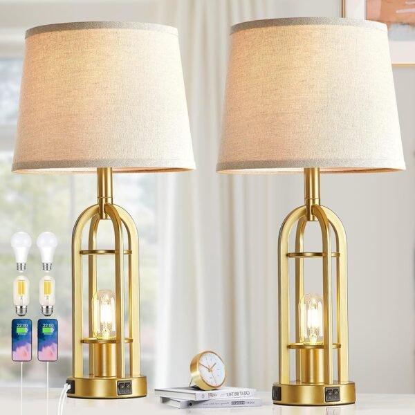 Gold Table Lamps for Living Room Set of 2 - Modern Farmhouse Bedside Lamps for Bedroom Night Stands with Nightlight and USB A+C, Industrial Lamp for Living Room End Tables
