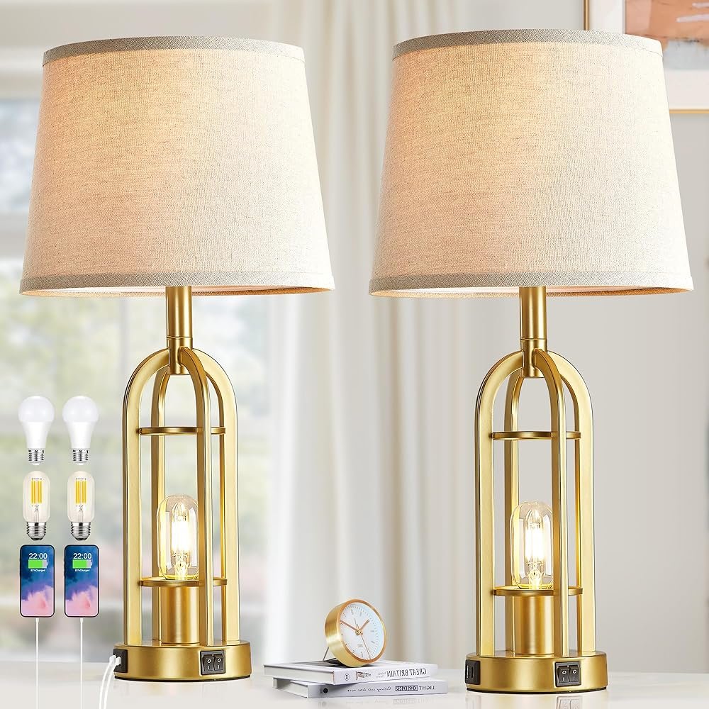 Gold Table Lamps for Living Room Set of 2 - Modern Farmhouse Bedside Lamps for Bedroom Night Stands with Nightlight and USB A+C, Industrial Lamp for Living Room End Tables