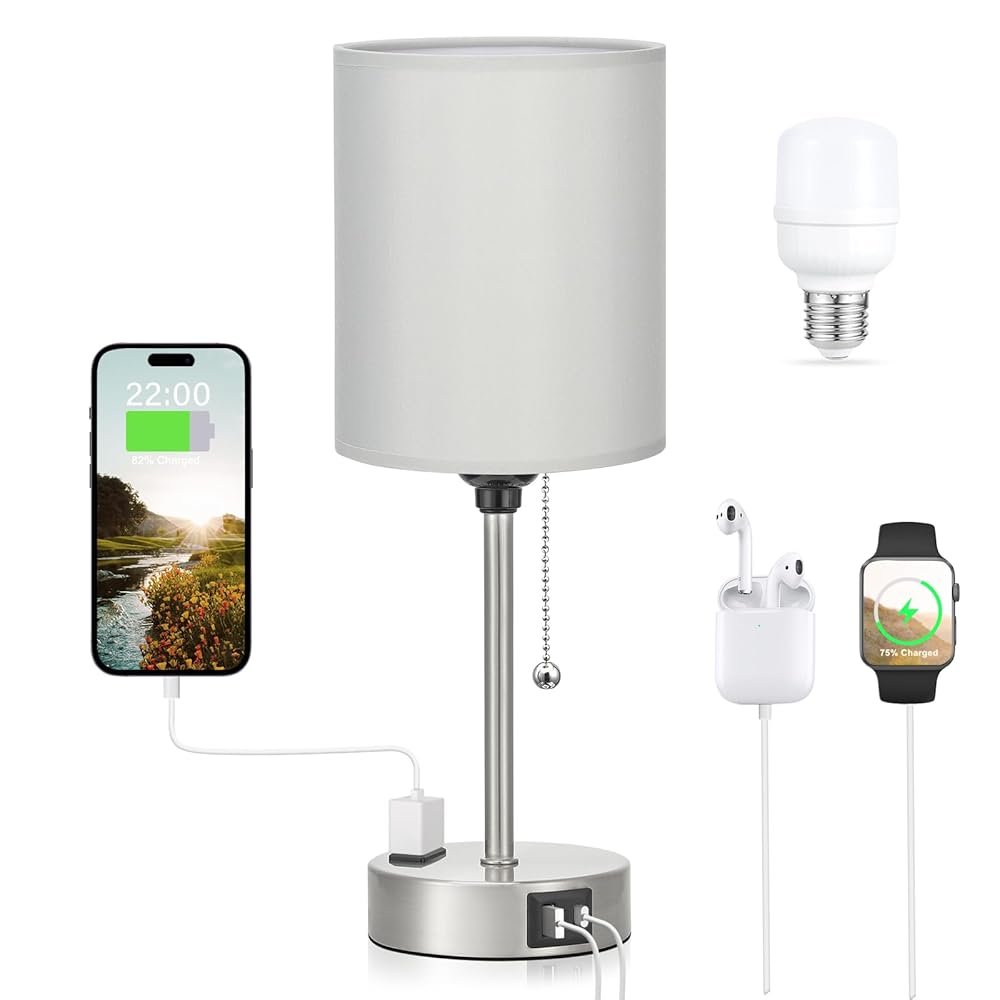 Grey Bedroom Lamp for Nightstand - 3 Color Temperature Table Lamp with USB C and A Ports, Pull Chain Bedside Lamp with AC Outlet, Desk Lamp with Silver Metal Base for Kids Girls