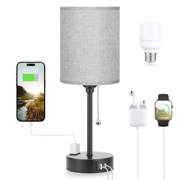Grey Nightstand Lamps 3 Color Temperatures - 2700K 3500K 5000K Bedside Lamps with USB C and A Ports, Pull Chain Table Lamps with AC Outlet, Small Lamps with Black Metal Base for...
