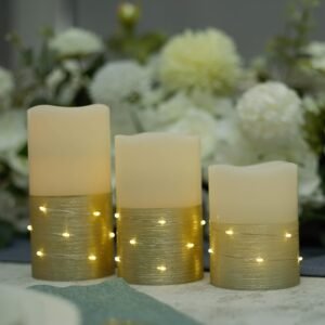 H-BLOSSOM Flickering Flameless Candles Ivory Real Wax Pillar with Embedded String Lights LED Candles Battery Operated with 10 Key Remote and Cycling 5H Timer Set of 3 (3" x...