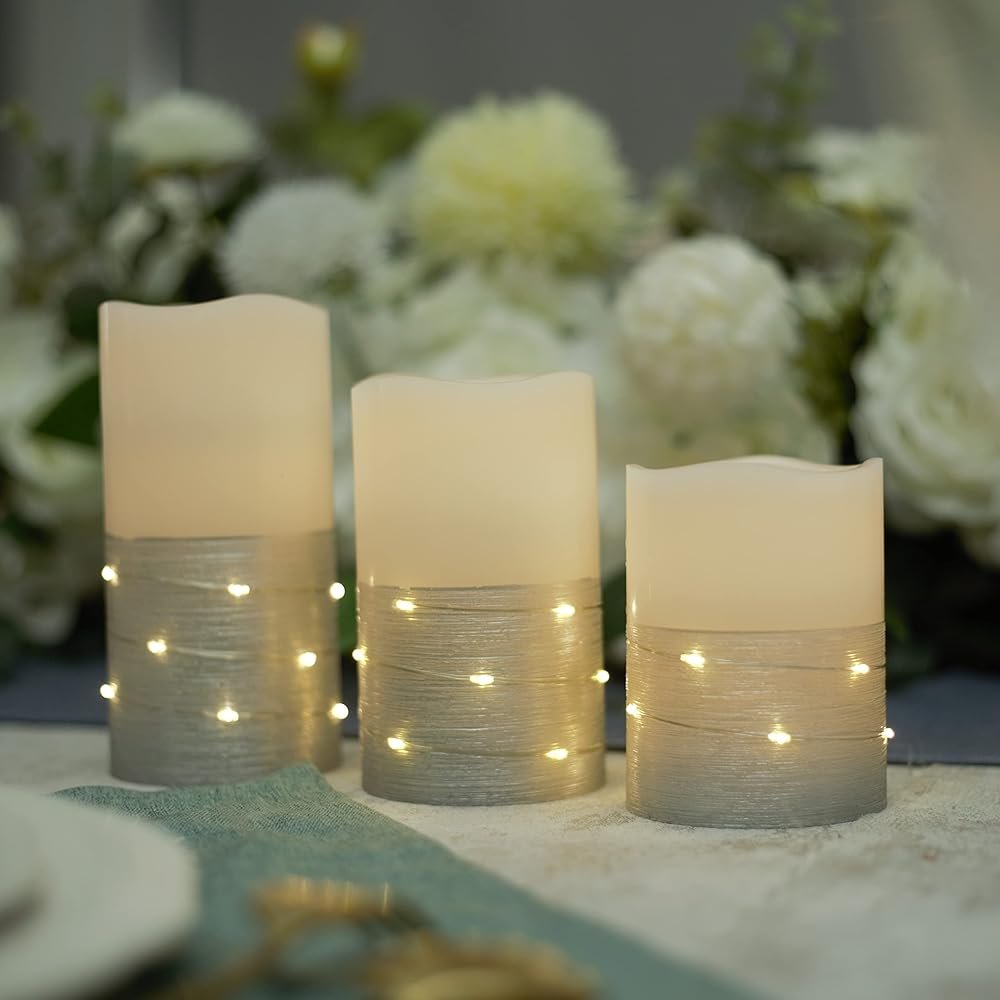 H-BLOSSOM Flickering Flameless Candles Ivory Real Wax Pillar with Embedded String Lights LED Candles Battery Operated with 10 Key Remote and Cycling 5H Timer Set of 3 (3" x...