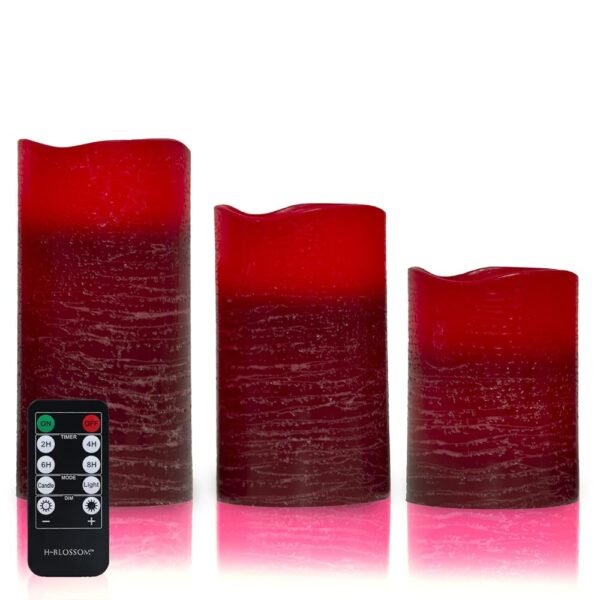 H-BLOSSOM Red Flameless Candles Real Wax LED Pillar Candles Battery Operated with Cycling 5H Timer Set of 3 (3" x 4"/5"/6") (Red)