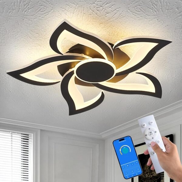 HuixuTe 24" Modern Geometric Ceiling Light Fixture, Black Dimmable 3 Colors LED Close to Ceiling Light Fixtures with Remote, Low Profile Flush Mount Ceiling Light for Kitchen,...