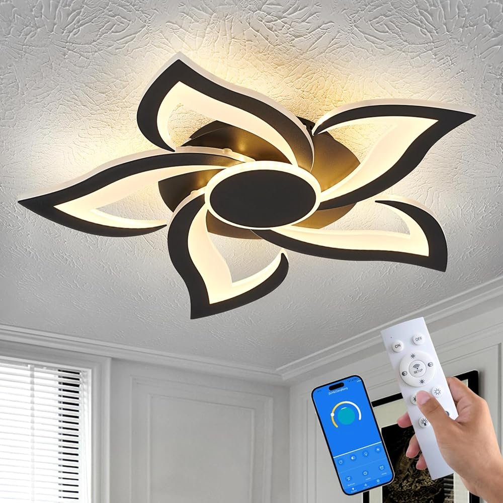 HuixuTe 24" Modern Geometric Ceiling Light Fixture, Black Dimmable 3 Colors LED Close to Ceiling Light Fixtures with Remote, Low Profile Flush Mount Ceiling Light for Kitchen,...