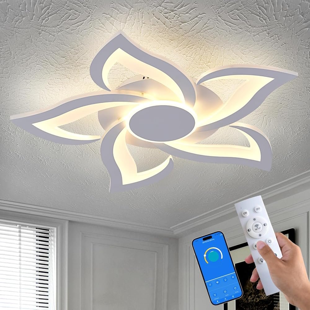 HuixuTe 24" Modern Geometric Ceiling Light Fixture, White Dimmable 3 Colors LED Close to Ceiling Light Fixtures with Remote, Low Profile Flush Mount Ceiling Light for Kitchen,...