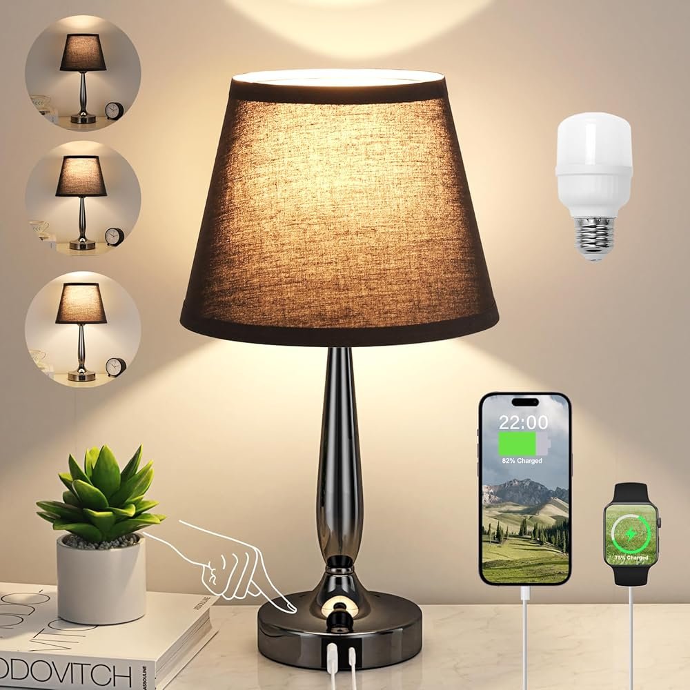 Kakanuo Touch Bedside Lamp for Bedroom with USB C Port, Small Touch Table Lamp with 2 USB Charging Ports, 3 Way Dimmable Nightstand Lamp for Living Room and Office - Black (LED...