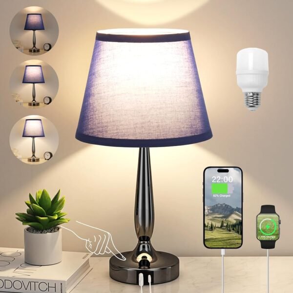 Kakanuo Touch Bedside Lamp for Bedroom with USB C Port, Small Touch Table Lamp with 2 USB Charging Ports, 3 Way Dimmable Nightstand Lamp for Living Room and Office - Royal Blue...