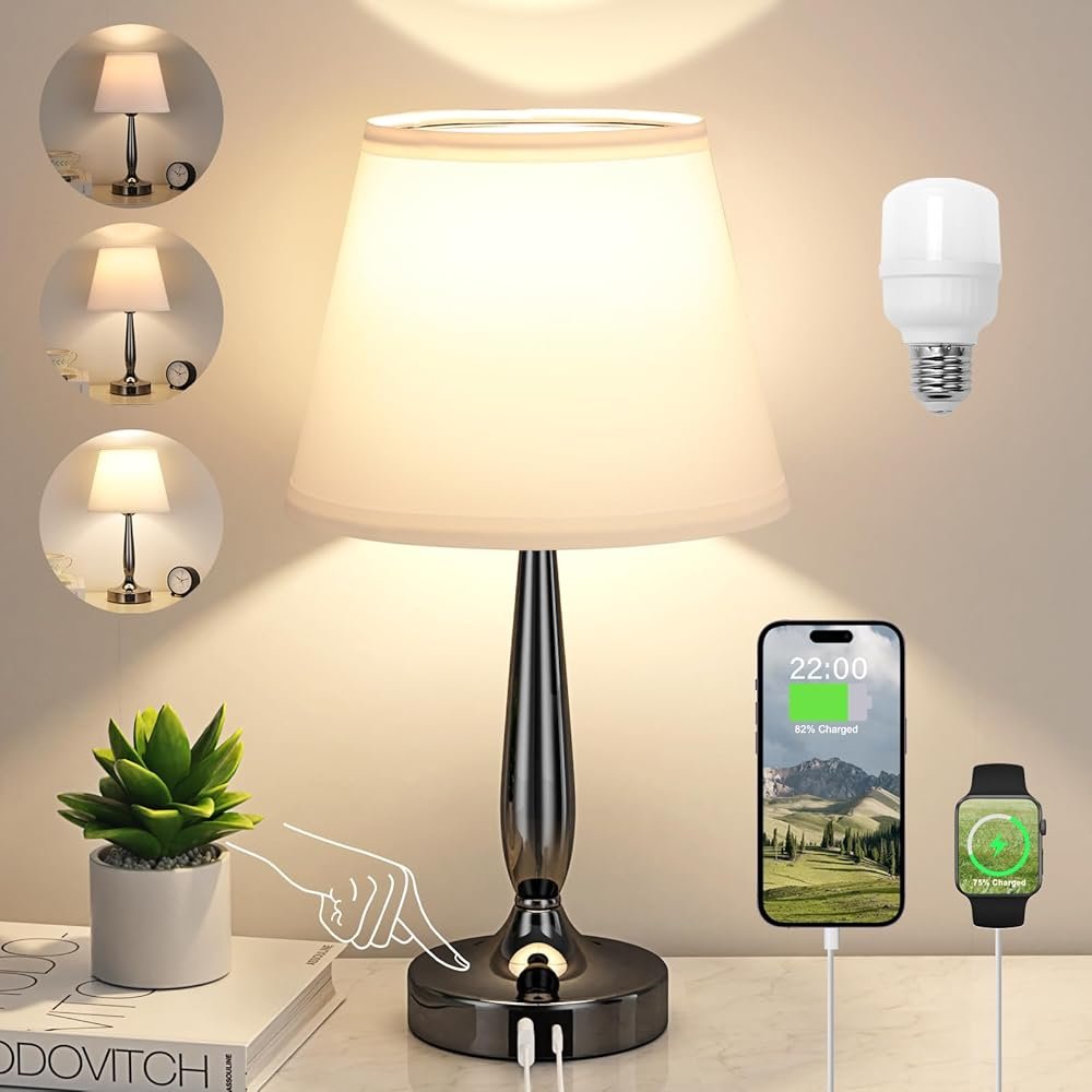 Kakanuo Touch Bedside Lamp for Bedroom with USB C Port, Small Touch Table Lamp with 2 USB Charging Ports, 3 Way Dimmable Nightstand Lamp for Living Room and Office - White (LED...