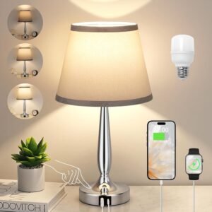 Kakanuo Touch Table Lamp for Bedroom, Small Bedside Lamp with USB C Charging Port, 3 Way Dimmable Touch Control Nightstand Lamp for Living Room and Office, Gray Shade and Silver...