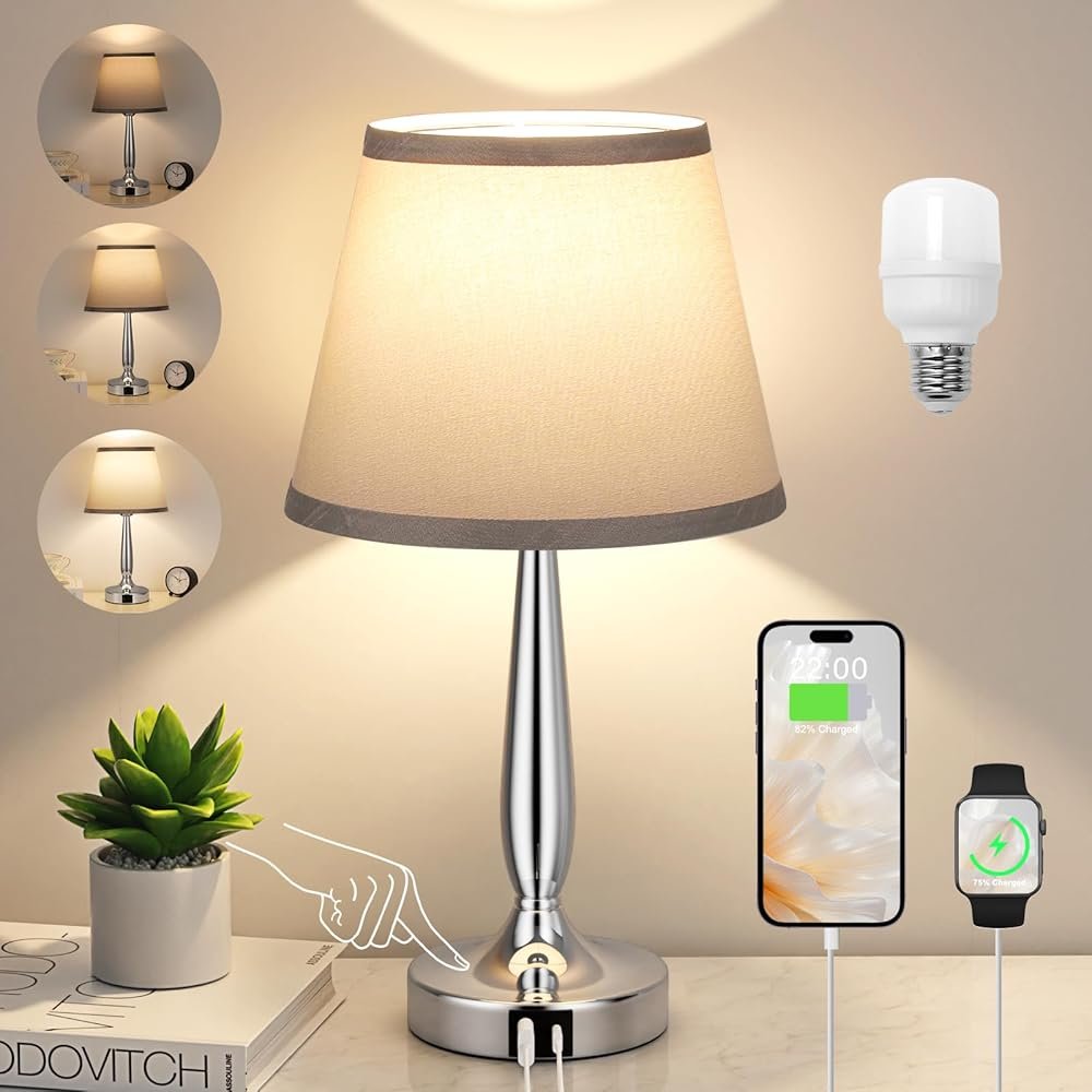 Kakanuo Touch Table Lamp for Bedroom, Small Bedside Lamp with USB C Charging Port, 3 Way Dimmable Touch Control Nightstand Lamp for Living Room and Office, Gray Shade and Silver...