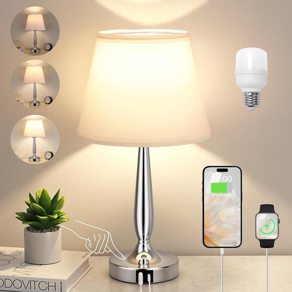 Kakanuo Touch Table Lamp for Bedroom, Small Bedside Lamp with USB C Charging Port, 3 Way Dimmable Touch Control Nightstand Lamp for Living Room and Office, White Shade and...