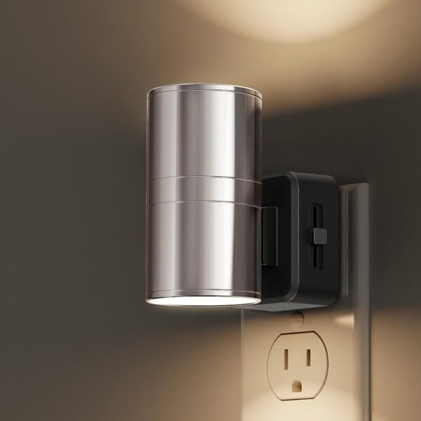L LOHAS LED Night Light, Night Lights Plug into Wall, 1-Pack, Smooth Silver Glossy Plating Metal-Shade Nightlight, Light Sensor, Soft White 3000K, Dimmable Night Light Plug in...