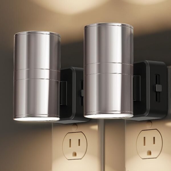 L LOHAS LED Night Light, Night Lights Plug into Wall, Smooth Silver Glossy Plating Metal-Shade Nightlights, Light Sensor, Soft White 3000K, Dimmable Nightlight Plug in for...