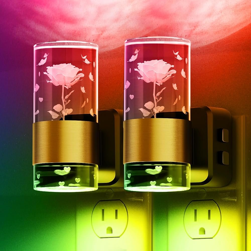 L LOHAS LED Night lights plug into wall, Color Changing Night Light with Rose Carved, Dusk to Dawn Light Sensor and Adjustable Brightness, Elegant Design Night Light for...