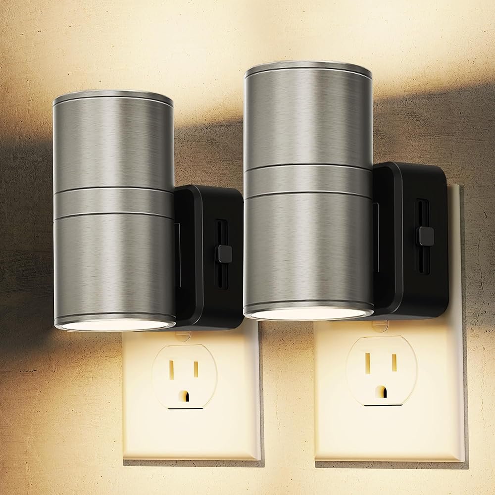 L LOHAS LED Night Lights, Plug into Wall, Modern Metal-Shade Night Lights for Adults, Dimmable, Light Sensor, Soft White 3000K, 2 Pack