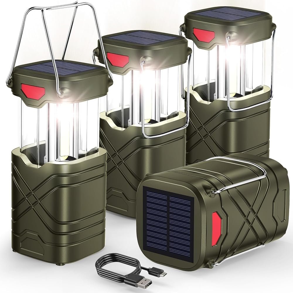 LETMY 4 Pack Camping Lantern, Rechargeable LED Lanterns, Solar Lantern Battery Powered Hurricane Lanterns Flashlight with 3 Powered Ways & USB Cable for Emergency, Power Outage,...