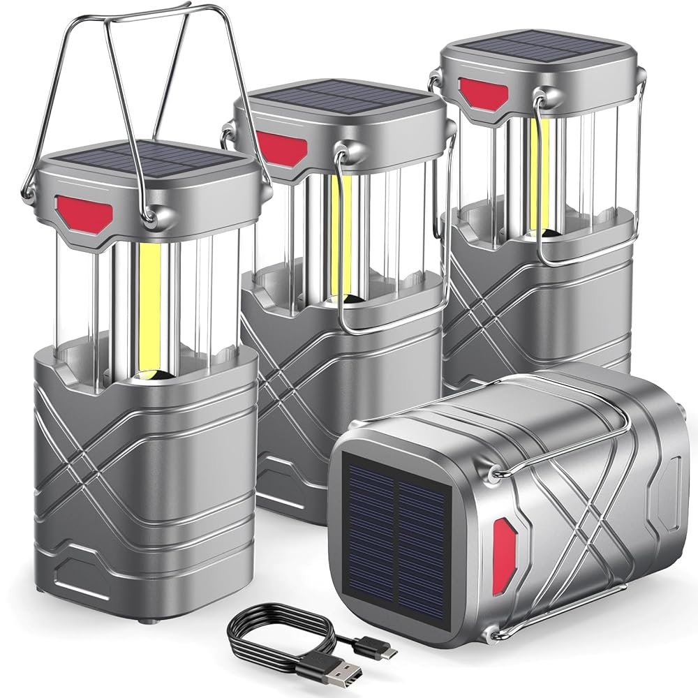 LETMY 4 Pack Camping Lantern, Rechargeable LED Lanterns, Solar Lantern Battery Powered Hurricane Lantern Flashlights with 3 Powered Ways & USB Cable for Emergency, Power Outage,...