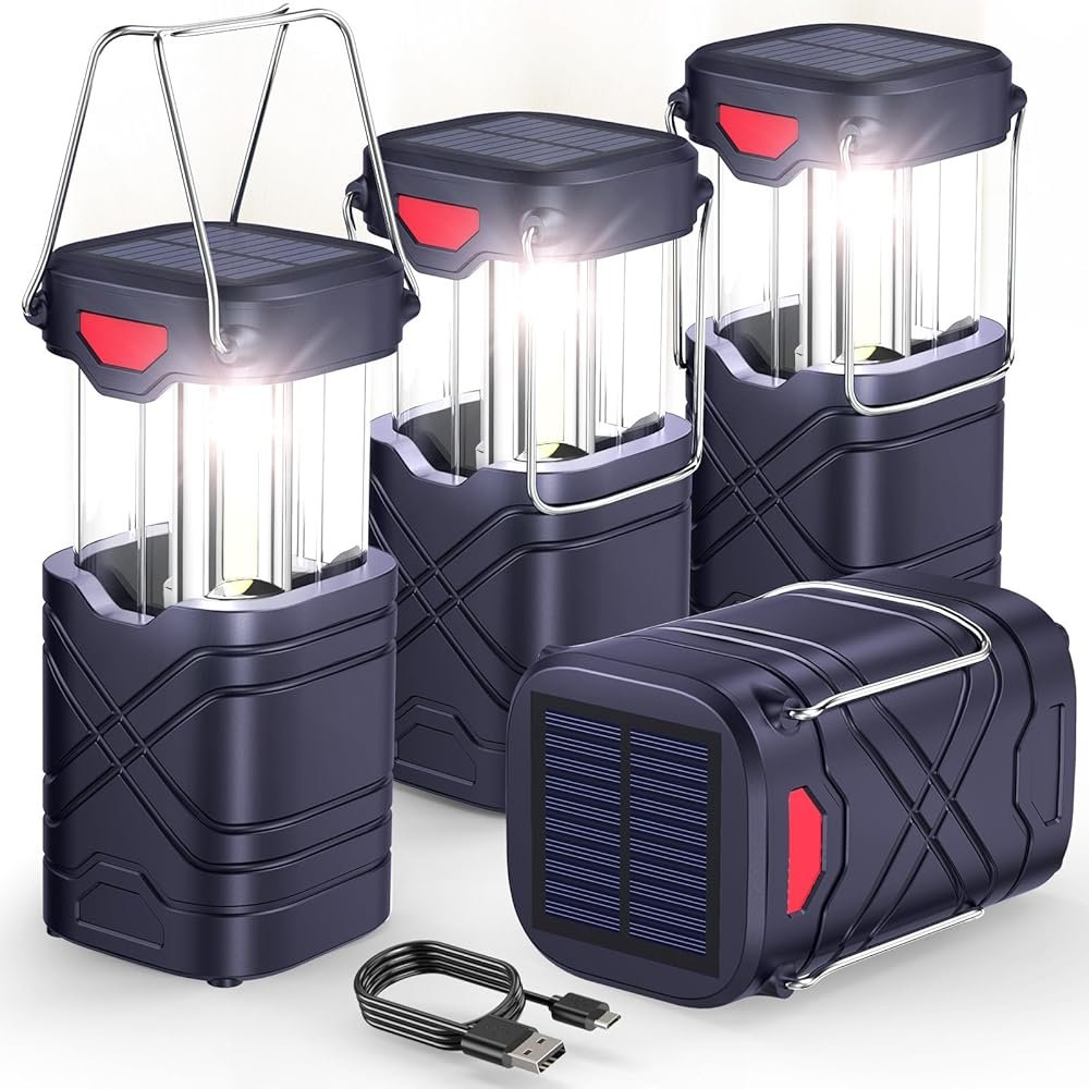 LETMY 4 Pack Camping Lantern, Rechargeable LED Lanterns, Solar Lantern Battery Powered Hurricane Lanterns Flashlight with 3 Powered Ways & USB Cable for Emergency, Power Outage,...