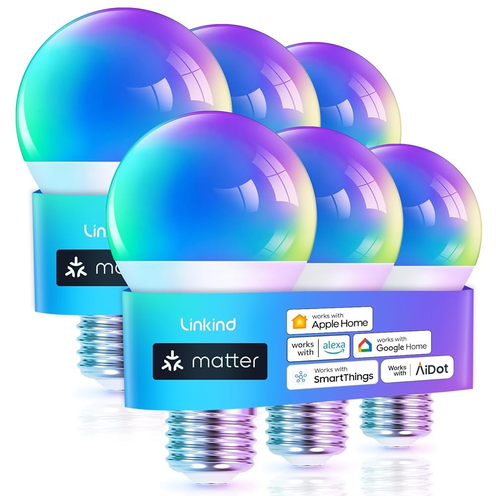 Linkind Matter Smart Light Bulb, WiFi Smart Bulbs, Work with Apple Home, Siri, Alexa, Google, SmartThings, RGTBW Color Changing Bulbs Mood Lighting, Music Sync, A19 E26 60W,...