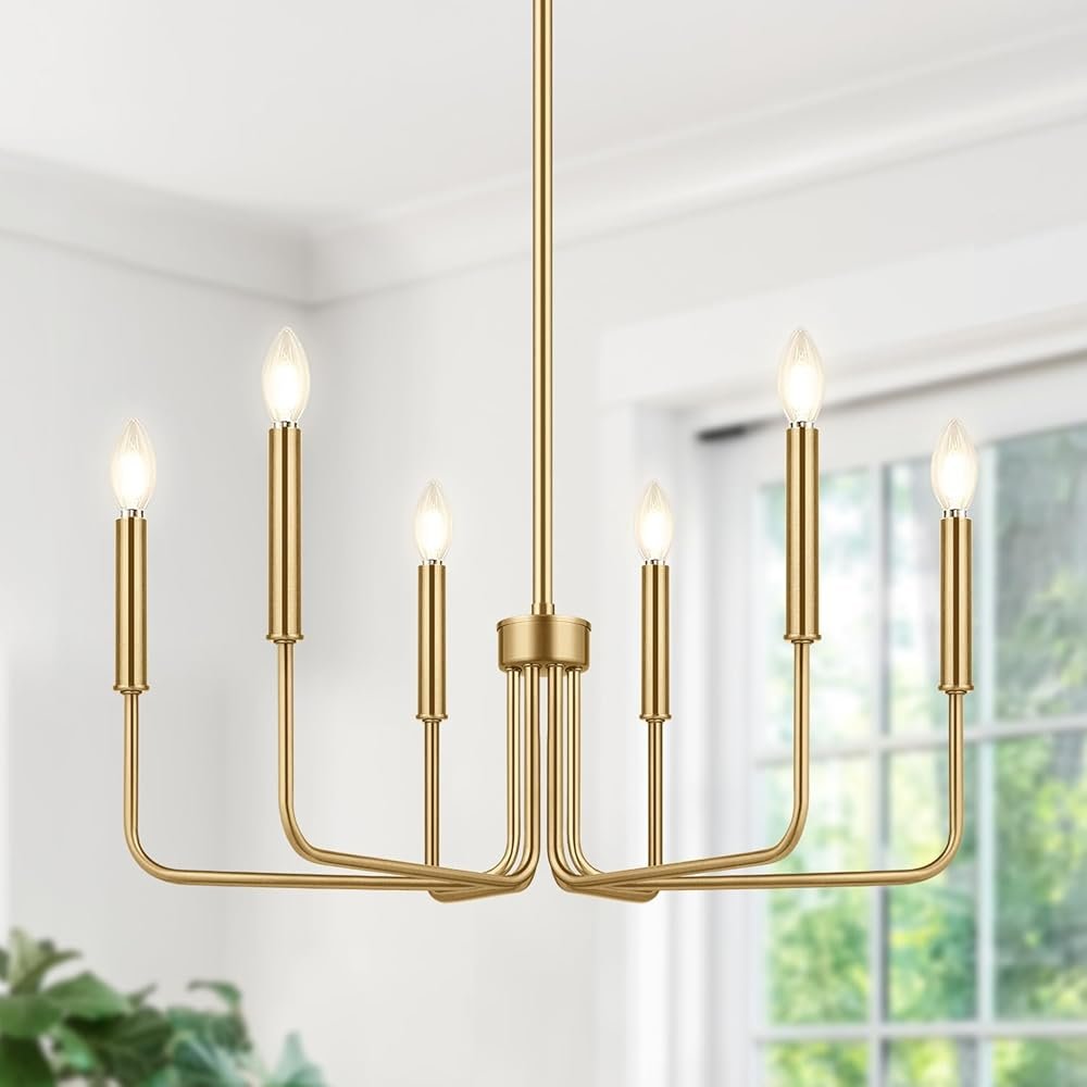 Lynnoland Brass Chandelier, 6-Light Farmhouse Chandeliers for Dining Room Lighting Fixtures Hanging, Vintage Candle Pendant Light Light Fixture for Bedroom, Kitchen, Foyer and...